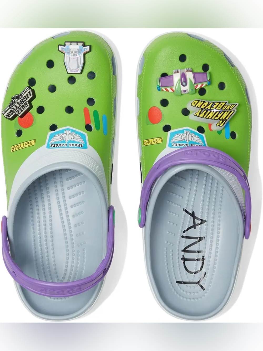 Buzz Lightyear Themed Crocs Green & Purple Clog Sandals Size 4 NWT - Picture 2 of 5